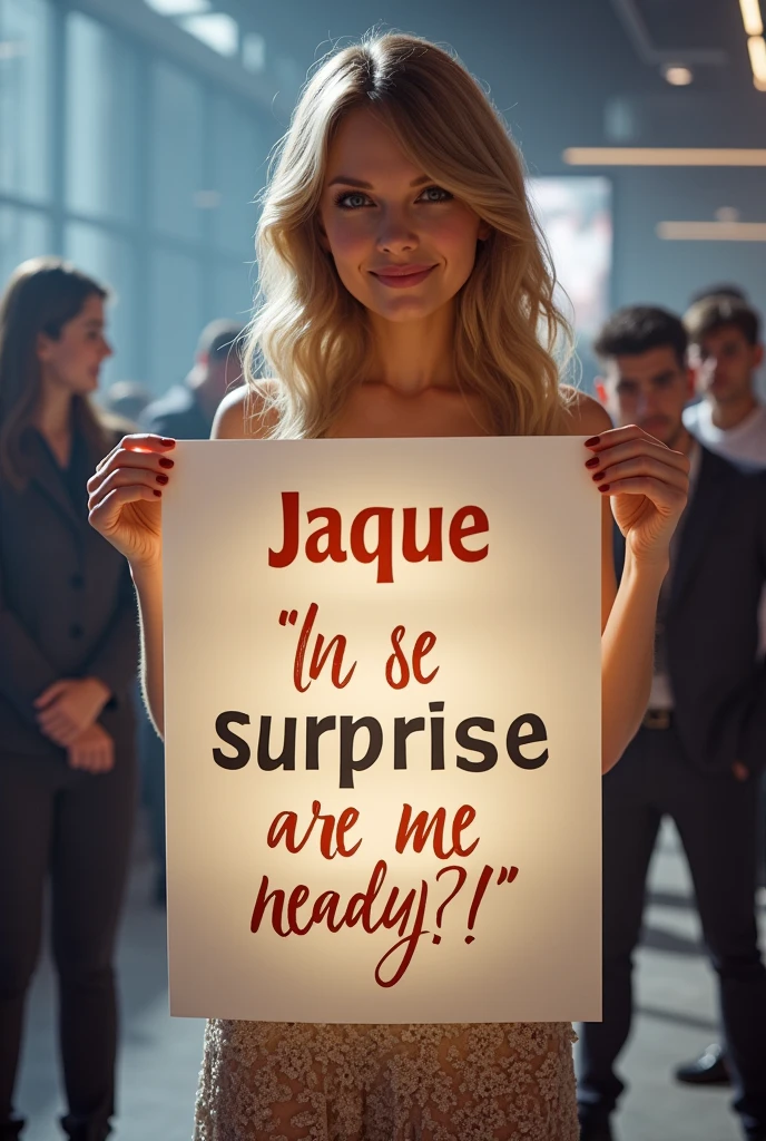 Generate me an image where Taylor Swift has a poster and it says In Spanish "Jaque we have a surprise for you. Are you ready??