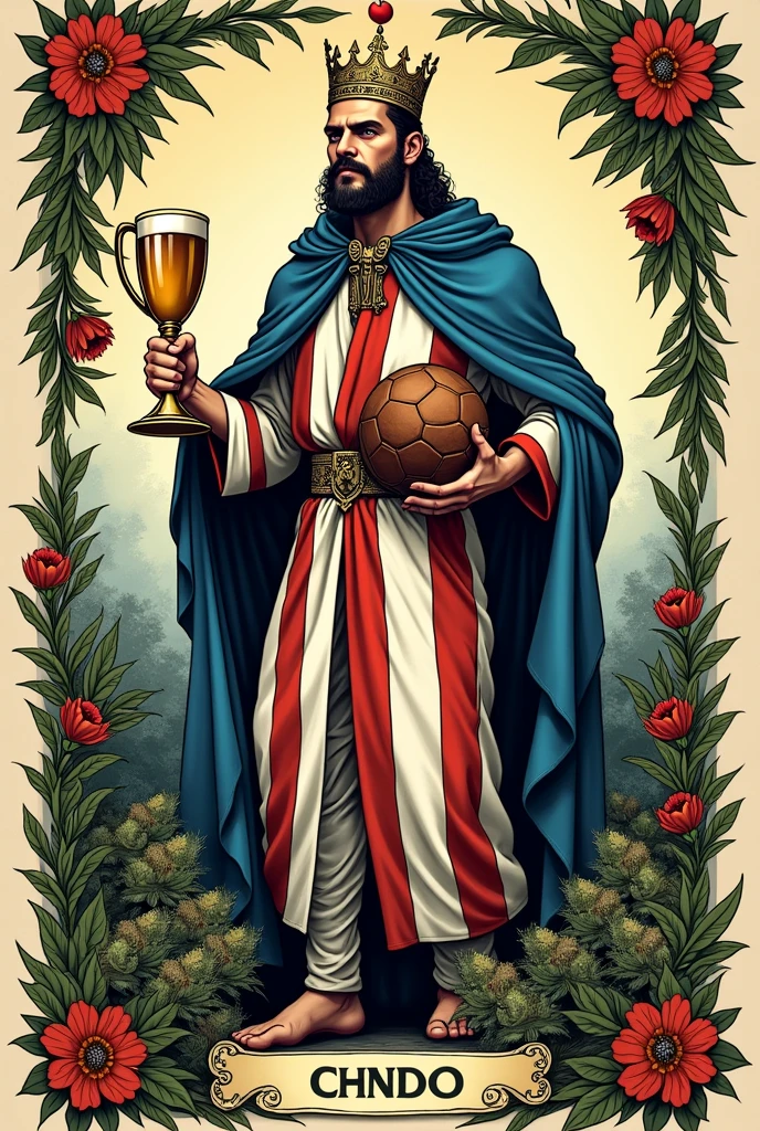 King of Cups Tattoo for Men. White and red vertical striped dress with blue cape.
Holding a leather soccer ball and a mug of beer.
The decorative frame with ????????? buds 