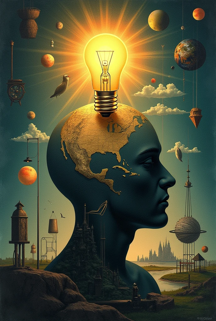A light bulb turning on over a head, with different symbols representing the mentioned analogies:
Plato: The cave and the real world.
Aristotle: The soul as the form of the body.
Descartes: The body as a machine.
Locke: The mind as a blank slate.
science: The Earth as a sphere, the atom as a solar system.