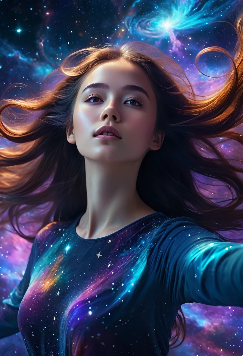 a vast cosmic landscape, a girl floating in space, long flowing hair, detailed facial features, ethereal and mystical atmosphere, glowing nebulae, shimmering stars, swirling galaxies, vibrant colors, cinematic lighting, digital art, concept art, photorealistic, highly detailed, 8k, best quality, masterpiece