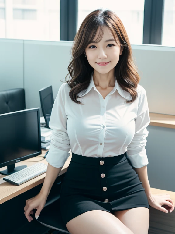 ((Three 50 year old mature women:1.5))、Japanese women、sexy,Fine skin、Star Piece、Beautiful breasts High quality、Perfect Sentence、so beautiful、High resolution face、Light makeup、Beautiful ass high quality、Glowing Beautiful Skin、Glowing Beautiful Skin step piece、Transparent beauty、Realistic、smile、Looking at the camera、Whitening skin、maStar Piece、Wavy Hair、Girlfriend、A tight-fitting shirt with a collar and buttons、Tight mini skirt、Large Breasts、Wrinkles around the eyes、Thin and beautiful legs、Slender、Sitting in a chair in the office