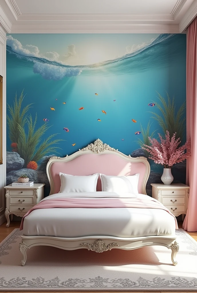 Room with a mural and marine style with a white and pink Louis XV style bed