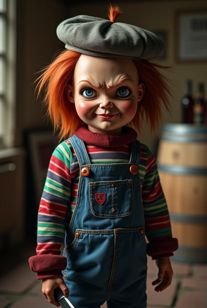 chucky the winemaker, with one hand behind his back with a knife, french beret, fake smile