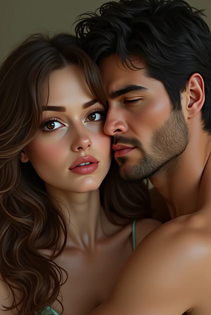 Create an image of a woman with long brown hair, White skin, dark brown eyes, y enojada tierna y al lado un hombre de White skin con ojos negros, messy black hair, his body a little strong, that does not have a beard, no facial hair