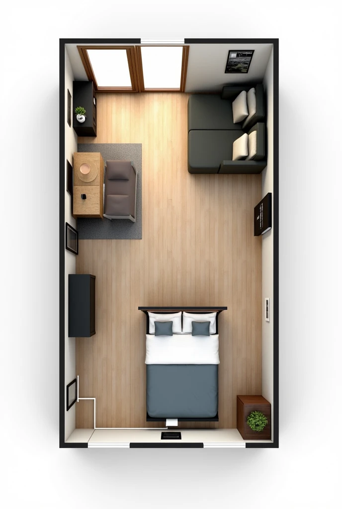 Generate a floor plan arround 600 Square feet for a office with a bedroom with attached bathrooms and pantry and living room