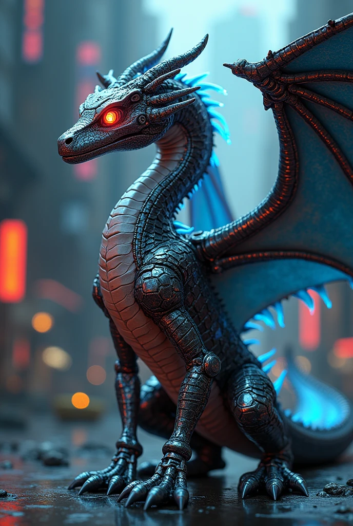 a highly detailed and intricate cyberpunk dragon with technological cpu components, glowing neon circuits, metallic scales, mechanical eyes, cinematic lighting, dramatic pose, vibrant colors, digital art, concept art style