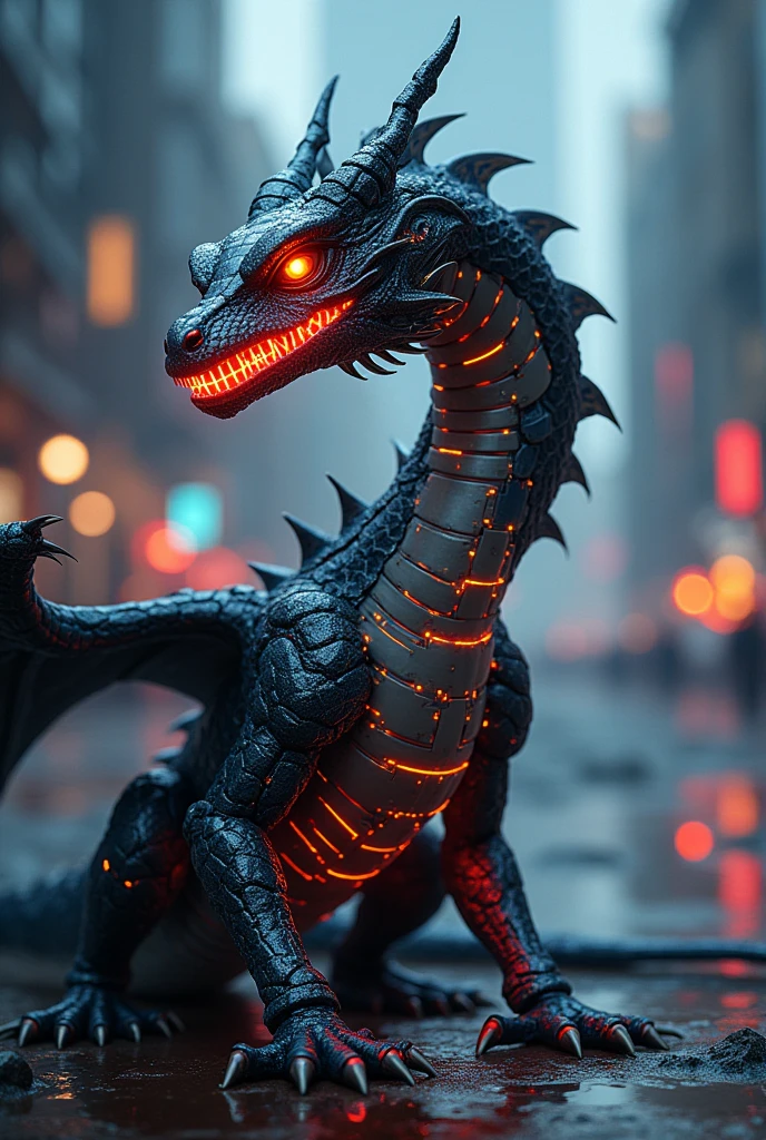 a highly detailed and intricate cyberpunk dragon with technological cpu components, glowing neon circuits, metallic scales, mechanical eyes, cinematic lighting, dramatic pose, vibrant colors, digital art, concept art style