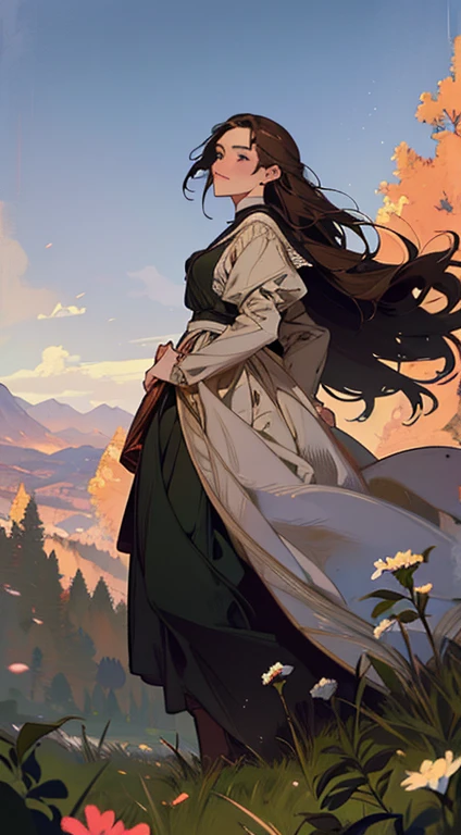 Painting of a woman standing on a hill with flowers in her hands, art by Édouard Bisson, krenzcushart, Opa jeremy lipkin, inspirado em Pierre Auguste Cot, Opa painting style, moebius + Roish + Opa, por Aleksander Gine, Marcos Ariane, inspirado em Cynthia Sheppard