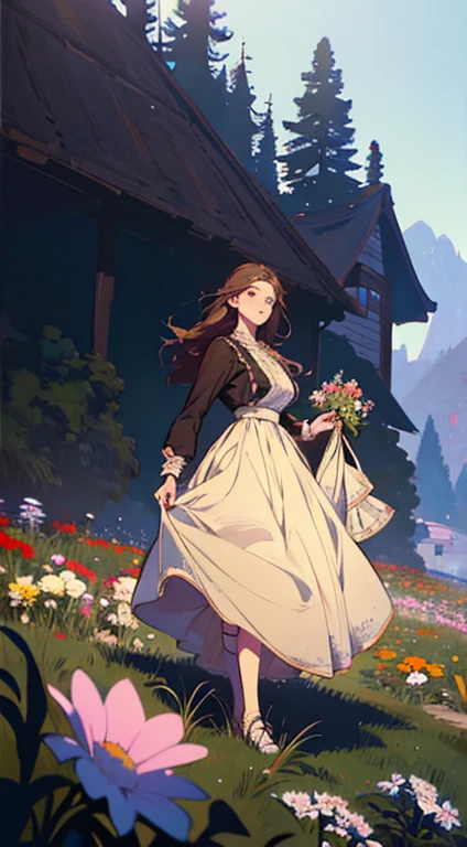 Painting of a woman standing on a hill with flowers in her hands, art by Édouard Bisson, krenzcushart, Opa jeremy lipkin, inspirado em Pierre Auguste Cot, Opa painting style, moebius + Roish + Opa, por Aleksander Gine, Marcos Ariane, inspirado em Cynthia Sheppard