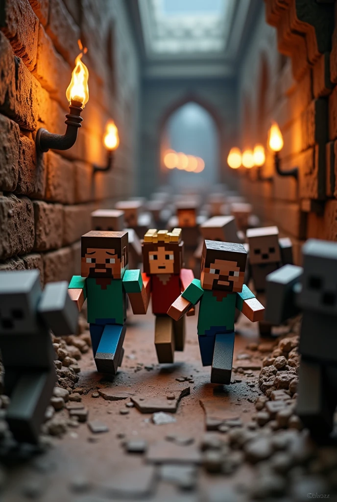 I created a Minecraft miniature of me running with 3 friends in a dungeon with lots of enemies