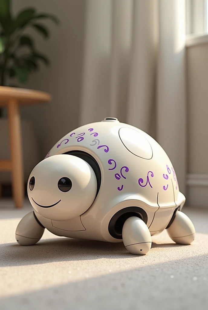 robot aspirateur avec 4 jambes, ressamblant à une tortue, couleur principale ivoire et décorations violet, 40cm de haut