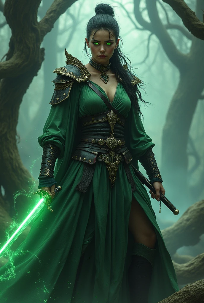 Ancient Warrior Woman with glowing green eyes holding a katana