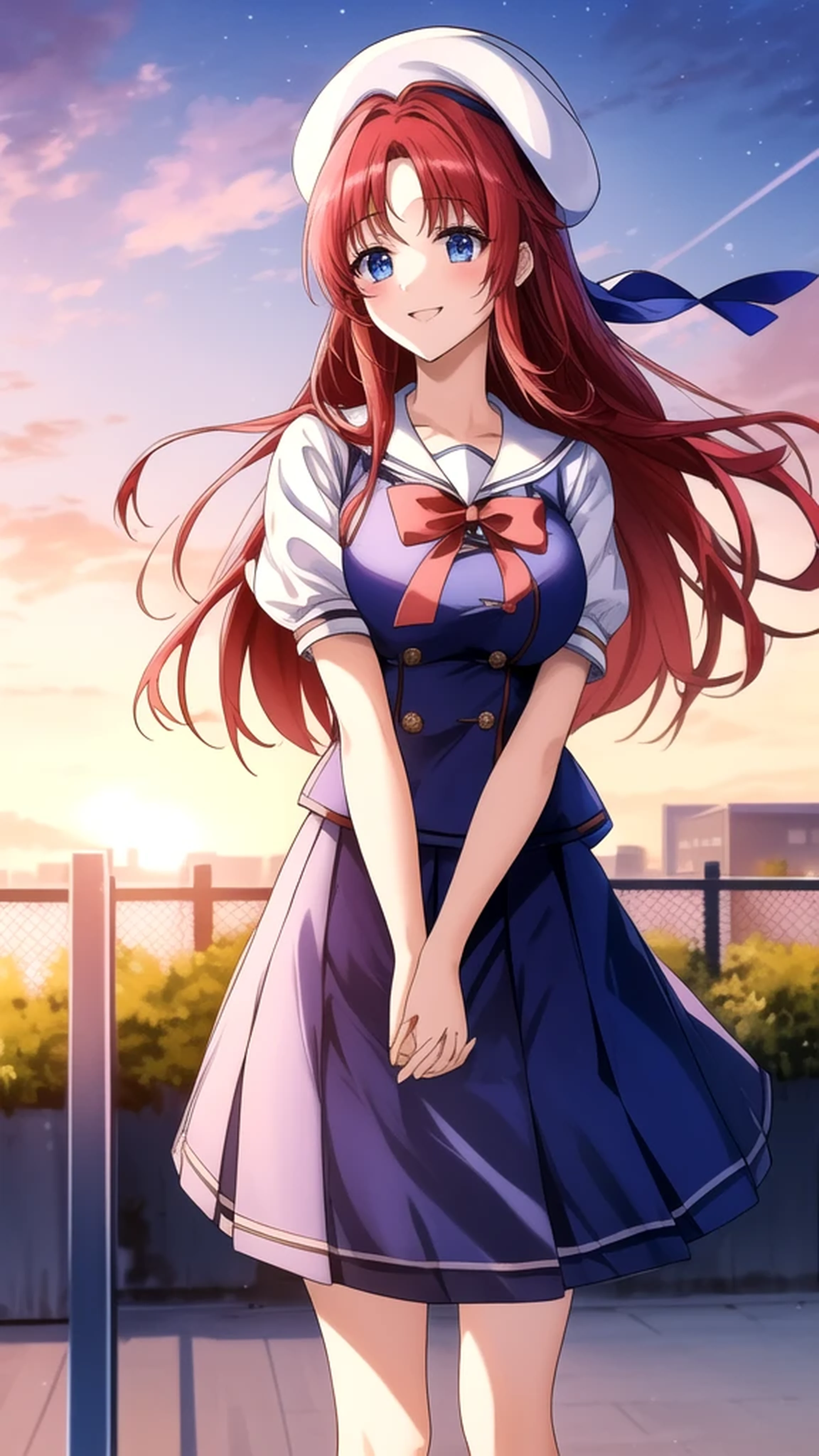 kotorishirakawa, ((masterpiece, best quality, highres, distinct_image)), 
extremely beautiful and delicate, extremely detailed, intricate detail, 1girl, solo, short stack, huge breasts, red hair, long hair, straight hair, Blue eyes, BREAK skirt, hat, school uniform, short sleeves, socks, puffy sleeves, puffy short sleeves, beret, Cute Smile Open your mouth, Are standing, (Winter Night、With the sunset and the fence behind、Receiving a confession on the school rooftop。I got closest to that smile:1.1), (Place your hands on your chest:1.3), Two Arms, (cinematic angle:1.1),