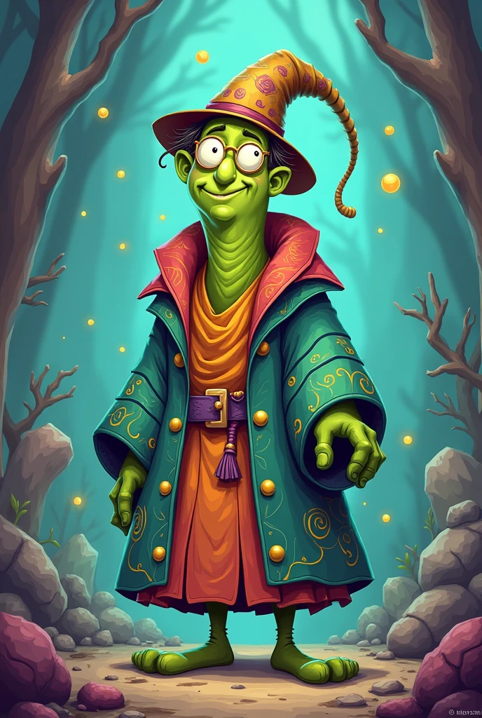 Create a bald green stick figure character in a cartoon-style wizard outfit