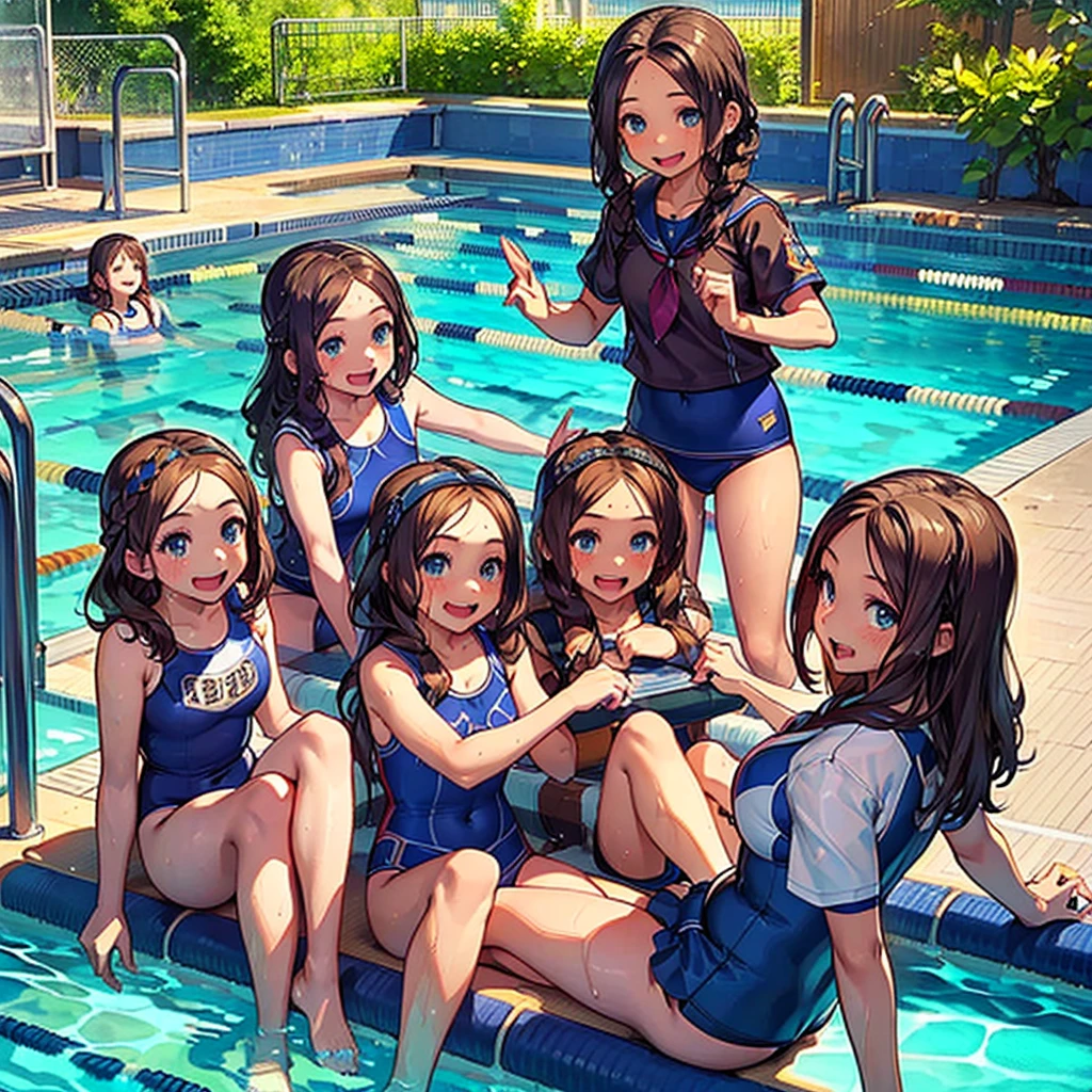 Highest quality、High resolution、Detailed Background、masterpiece、(Highly detailed beautiful face:1.3)、Teenage Girl、(Five women)、Navy school swimsuit、Brown Hair、Braided Bob、cute braided hairstyles、Realistic、Attractive thighs、
(Five beautiful girls in school swimsuits are having fun at the school pool..:1.5)、
Splashing water、An innocent smile、Laughing with your mouth open、Swimsuit that glows when wet、My whole body is wet、My hair is wet too、cute