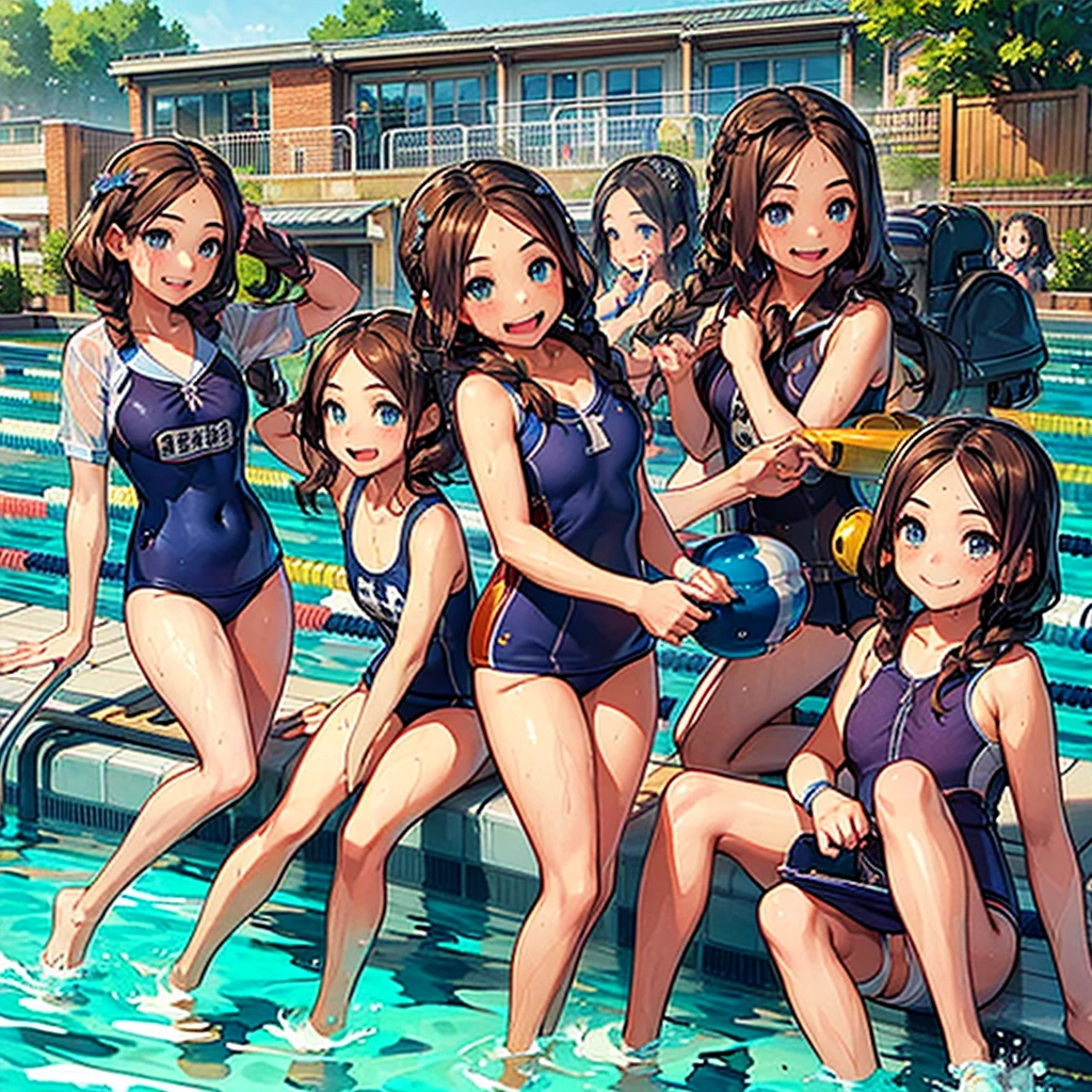 Highest quality、High resolution、Detailed Background、masterpiece、(Highly detailed beautiful face:1.3)、Teenage Girl、(Five women)、Navy school swimsuit、Brown Hair、Braided Bob、cute braided hairstyles、Realistic、Attractive thighs、
(Five beautiful girls in school swimsuits are having fun at the school pool..:1.5)、
Splashing water、An innocent smile、Laughing with your mouth open、Swimsuit that glows when wet、My whole body is wet、My hair is wet too、cute