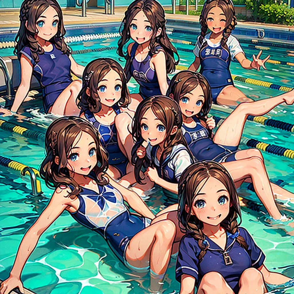 Highest quality、High resolution、Detailed Background、masterpiece、(Highly detailed beautiful face:1.3)、age Girl、(Five women)、Navy school swimsuit、Brown Hair、Braided Bob、cute braided hairstyles、Realistic、Attractive thighs、
(Five beautiful girls in school swimsuits are having fun at the school pool..:1.5)、
Splashing water、An innocent smile、Laughing with your mouth open、Swimsuit that glows when wet、My whole body is wet、My hair is wet too、cute