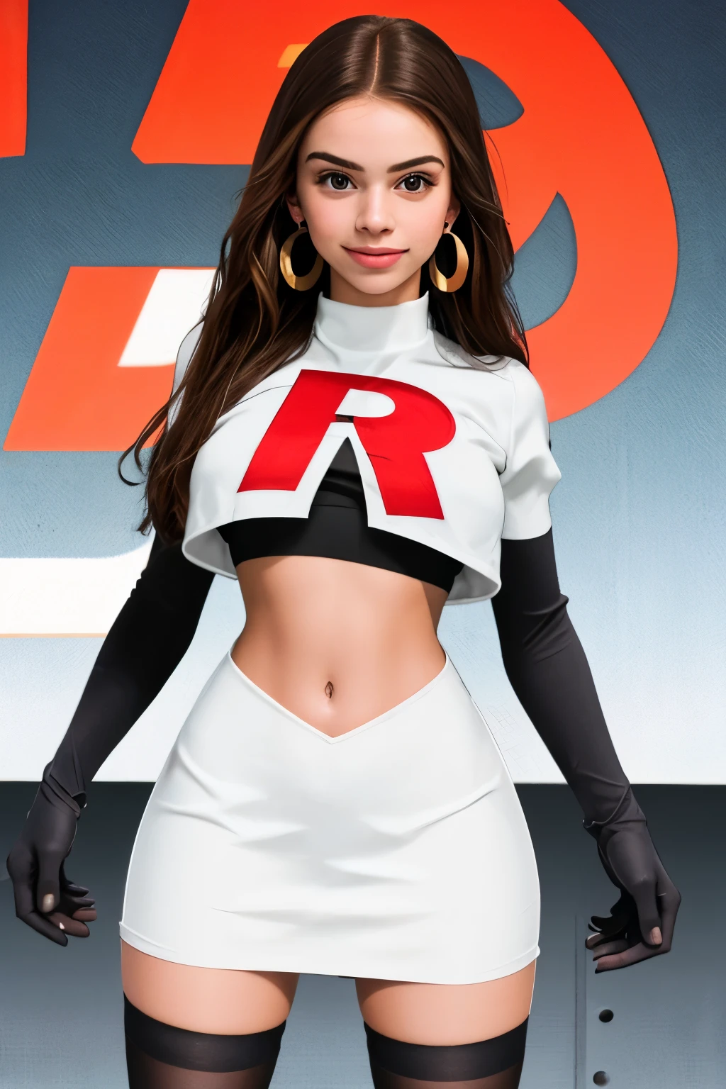 The face of Olivia Rodrigo, 1girl, solo, team rocket,team rocket uniform,white skirt,red letter R,crop top,black thigh-highs,black elbow gloves, earrings, large breasts,