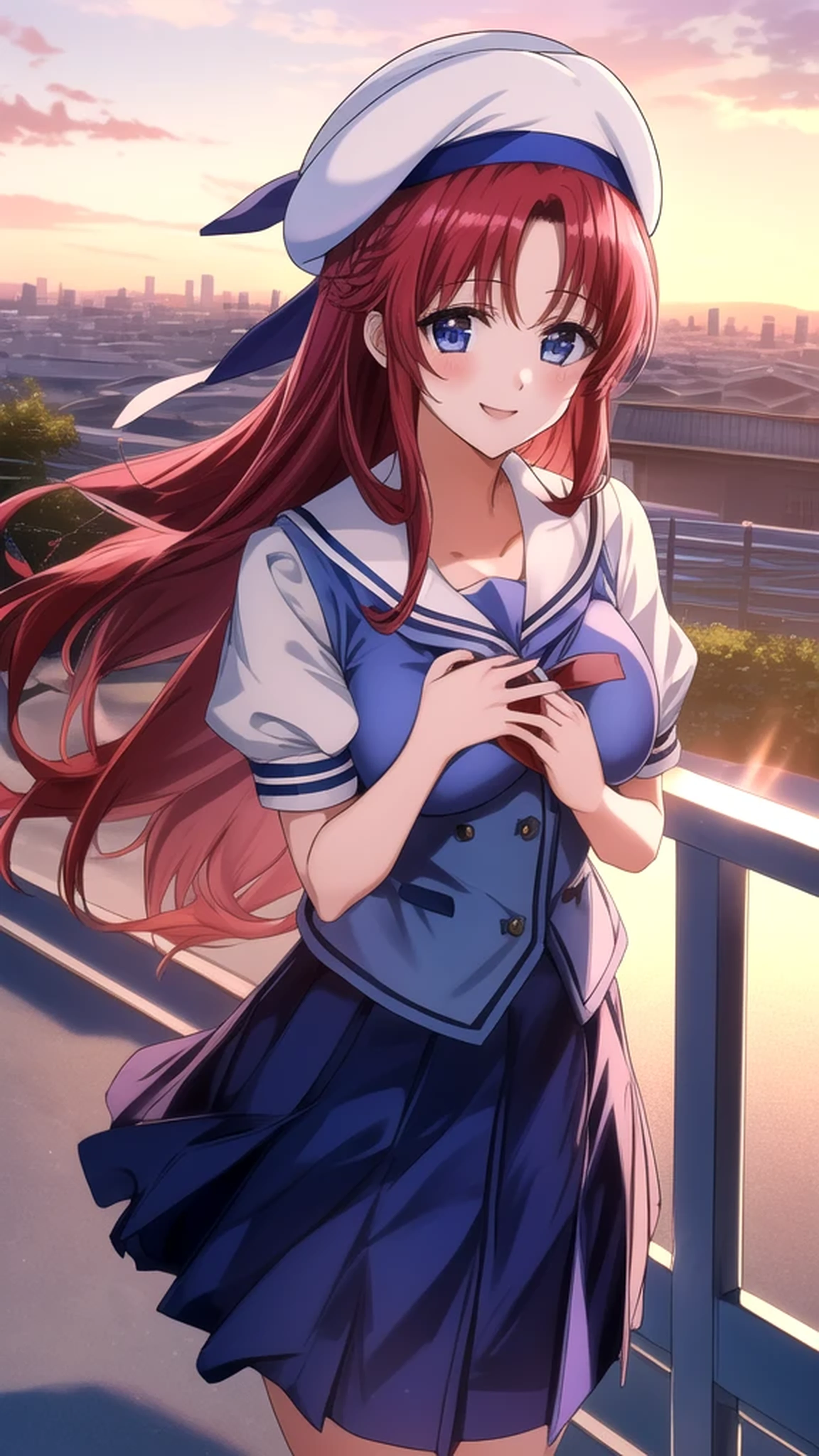 kotorishirakawa, ((masterpiece, best quality, highres, distinct_image)), 
extremely beautiful and delicate, extremely detailed, intricate detail, 1girl, solo, short stack, huge breasts, red hair, long hair, straight hair, Blue eyes, BREAK skirt, hat, school uniform, short sleeves, socks, puffy sleeves, puffy short sleeves, beret, Cute Smile Open your mouth, Are standing, (Winter Night、With the sunset and the fence behind、Receiving a confession on the school rooftop。I got closest to that smile:1.1), (Place your hands on your chest:1.3), Two Arms, (cinematic angle:1.1),