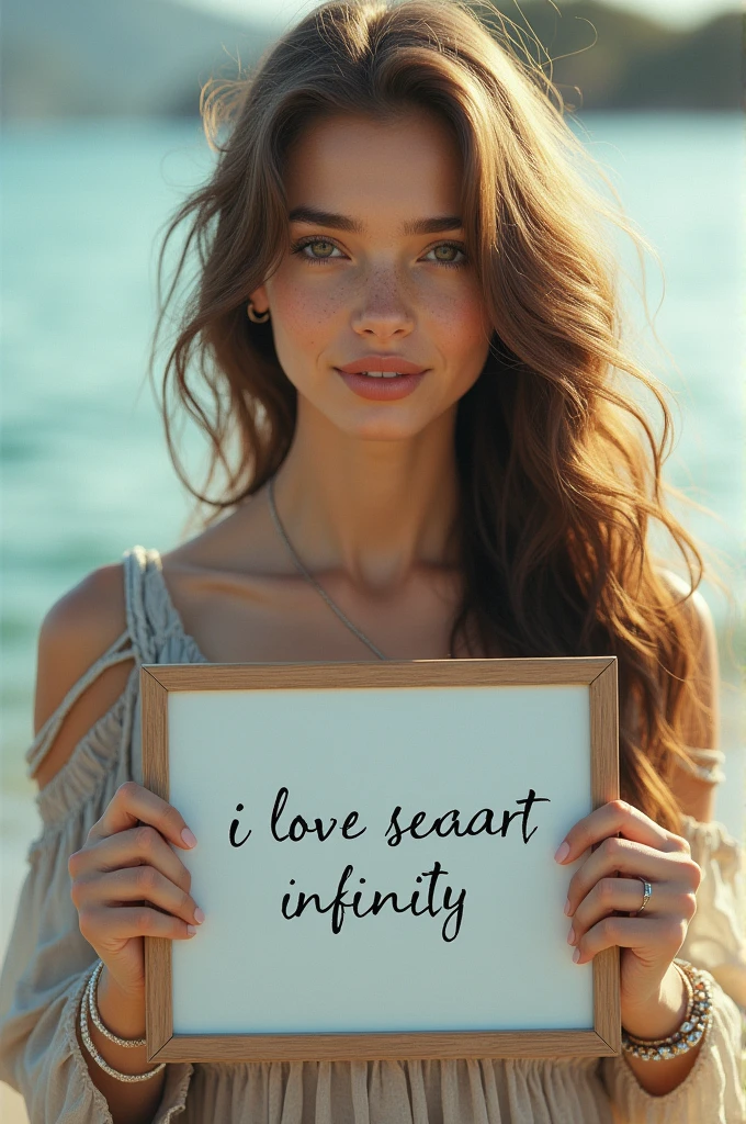 Beautiful girl with wavy long hair, bohemian dress, holding a white board with text "I Love Seaart Infinity" and showing it to the viewer
