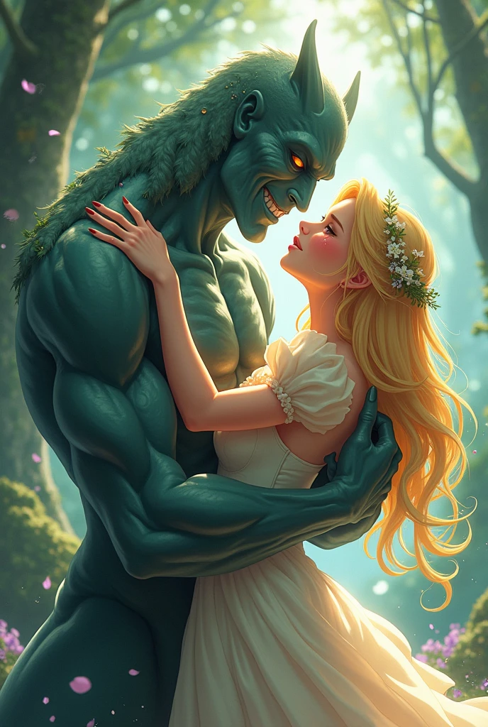 A monster fell in love with a blonde princess holding ass to each other and crying with tears of Joy in anime make the monster more handsome