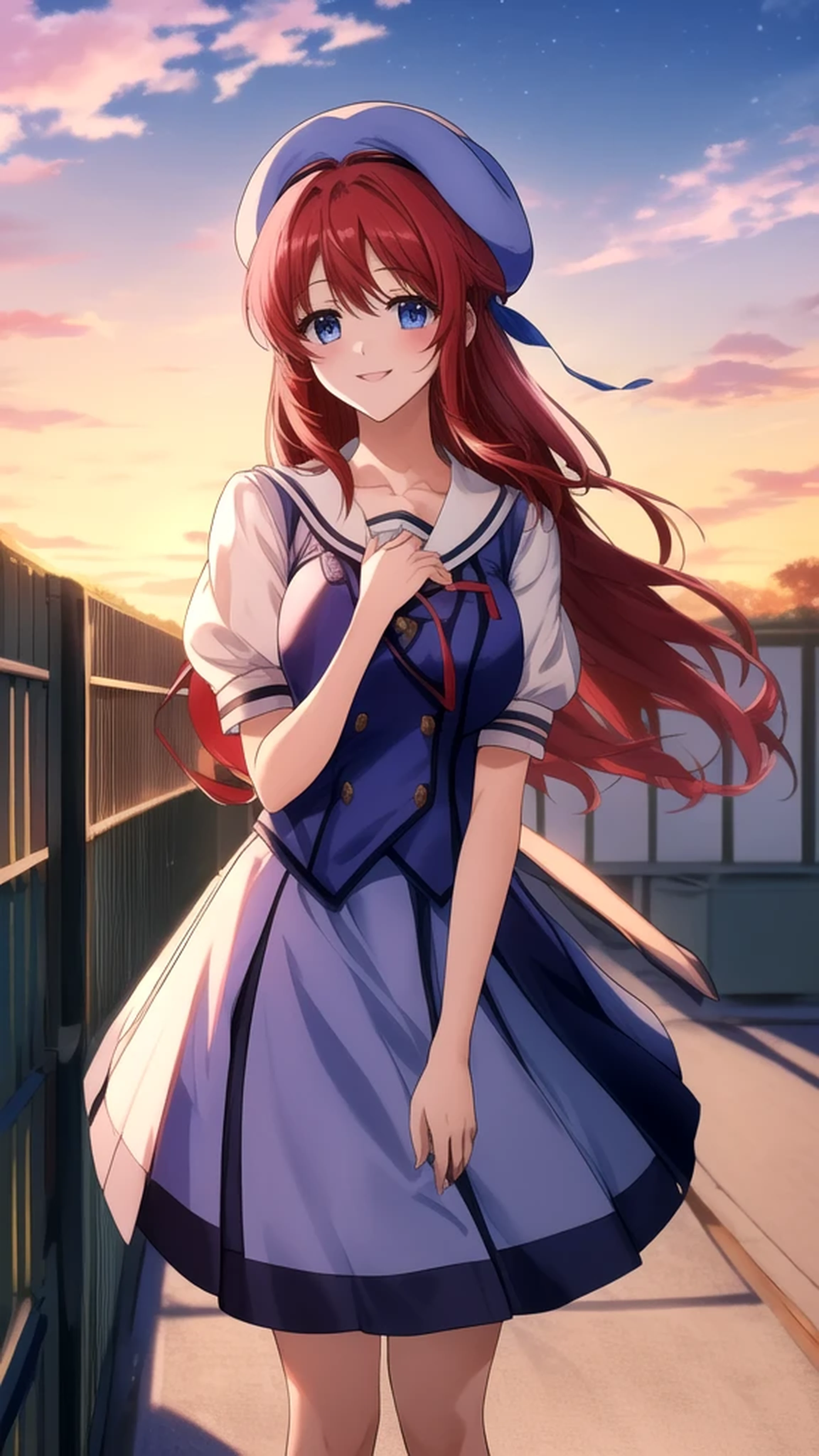 kotorishirakawa, ((masterpiece, best quality, highres, distinct_image)), 
extremely beautiful and delicate, extremely detailed, intricate detail, 1girl, solo, short stack, huge breasts, red hair, long hair, straight hair, Blue eyes, BREAK skirt, hat, school uniform, short sleeves, socks, puffy sleeves, puffy short sleeves, beret, Cute Smile Open your mouth, Are standing, (Winter Night、With the sunset and the fence behind、Receiving a confession on the school rooftop。I got closest to that smile:1.1), (Place your hands on your chest:1.3), Two Arms, (cinematic angle:1.1),