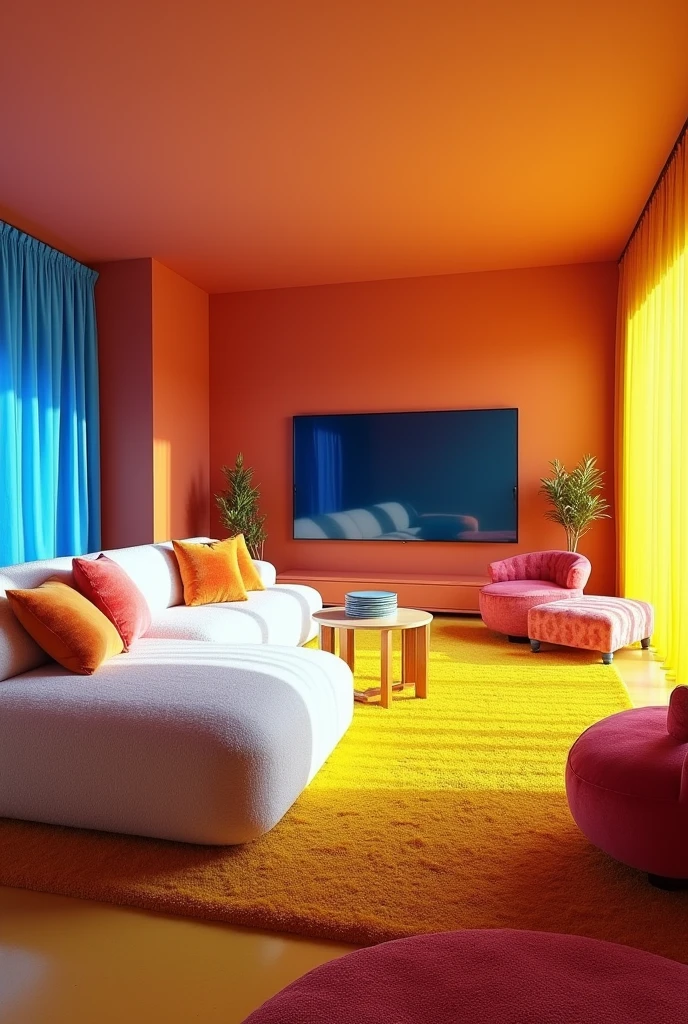 a living room with a large white couch and a yellow rug on the floor and a television on the wall, Edi Rama, maximalism, glowing rich colors, a digital rendering