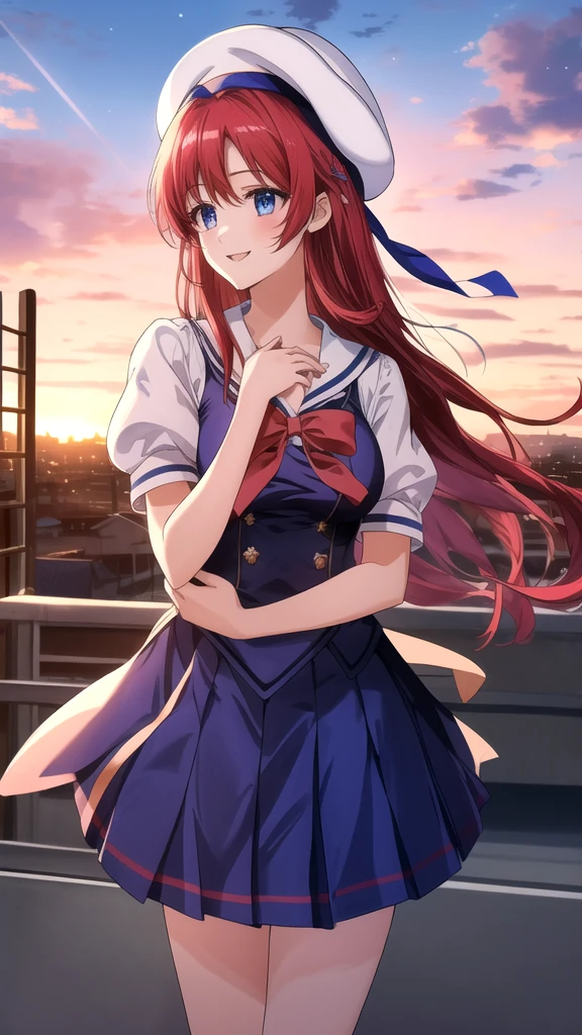 kotorishirakawa, ((masterpiece, best quality, highres, distinct_image)), 
extremely beautiful and delicate, extremely detailed, intricate detail, 1girl, solo, short stack, huge breasts, red hair, long hair, straight hair, Blue eyes, BREAK skirt, hat, school uniform, short sleeves, socks, puffy sleeves, puffy short sleeves, beret, Cute Smile Open your mouth, Are standing, (Winter Night、With the sunset and the fence behind、Receiving a confession on the school rooftop。I got closest to that smile:1.1), (Place your hands on your chest:1.3), Two Arms, (cinematic angle:1.1),