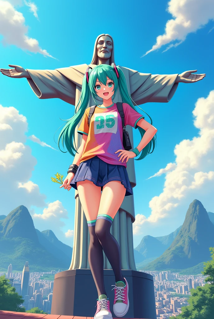 Hatsumi Miku wearing a fangirl outfit posing for Christ the Redeemer.