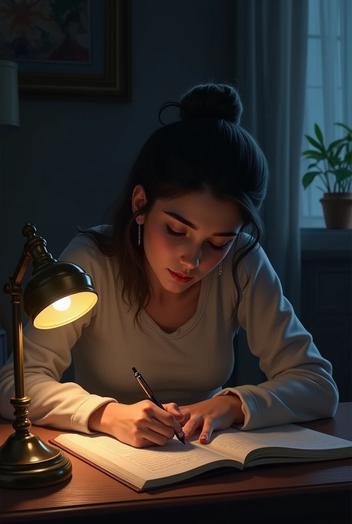 A girls Study at night with lamp, and write her name in text "samawiyah zafar" write in text form his name in top view. Write