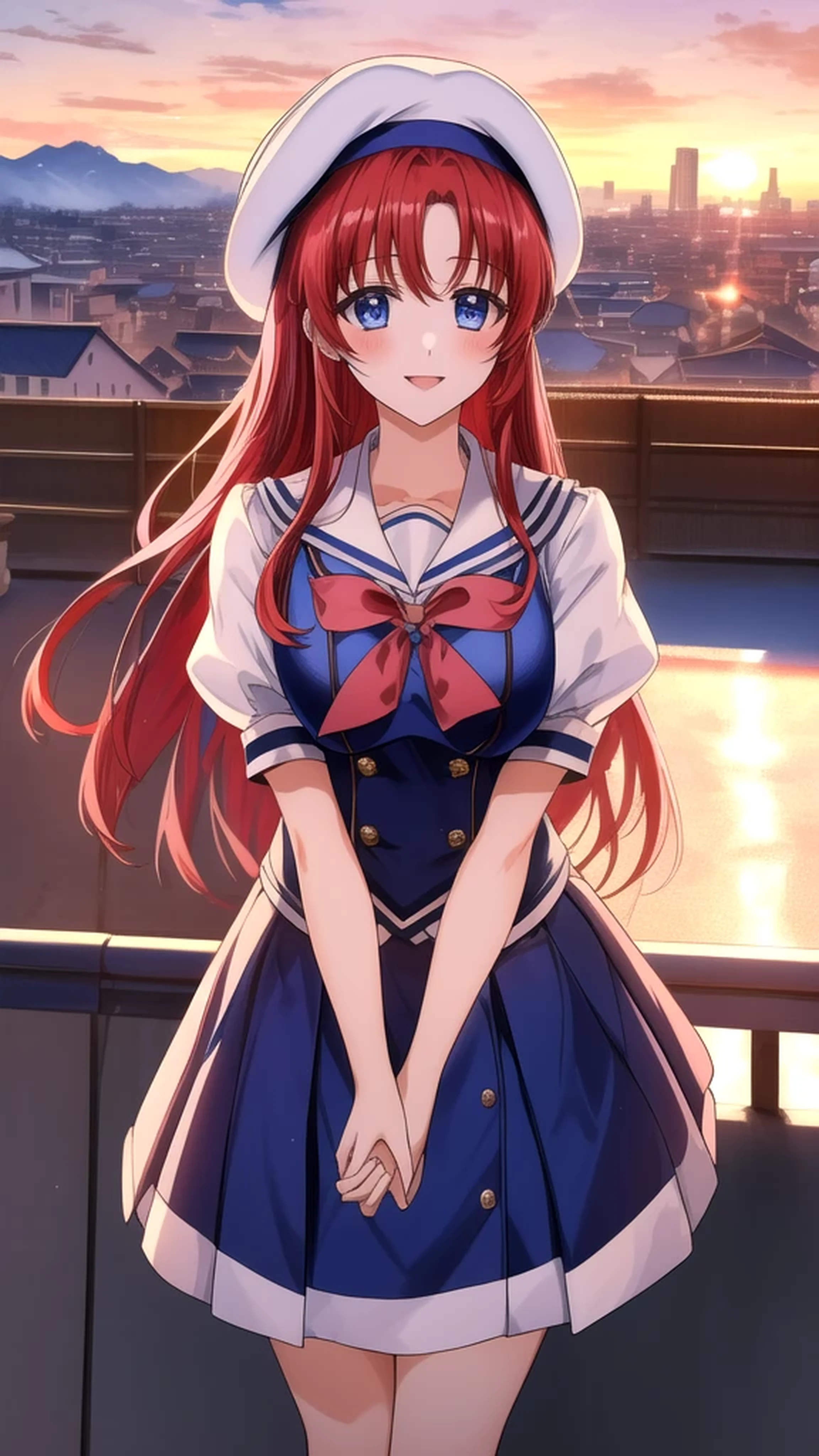 kotorishirakawa, ((masterpiece, best quality, highres, distinct_image)), 
extremely beautiful and delicate, extremely detailed, intricate detail, 1girl, solo, short stack, huge breasts, red hair, long hair, straight hair, Blue eyes, BREAK skirt, hat, school uniform, short sleeves, socks, puffy sleeves, puffy short sleeves, beret, Cute Smile Open your mouth, Are standing, (Winter Night、With the sunset and the fence behind、Receiving a confession on the school rooftop。I got closest to that smile:1.1), (Place your hands on your chest:1.3), Two Arms, (cinematic angle:1.1),