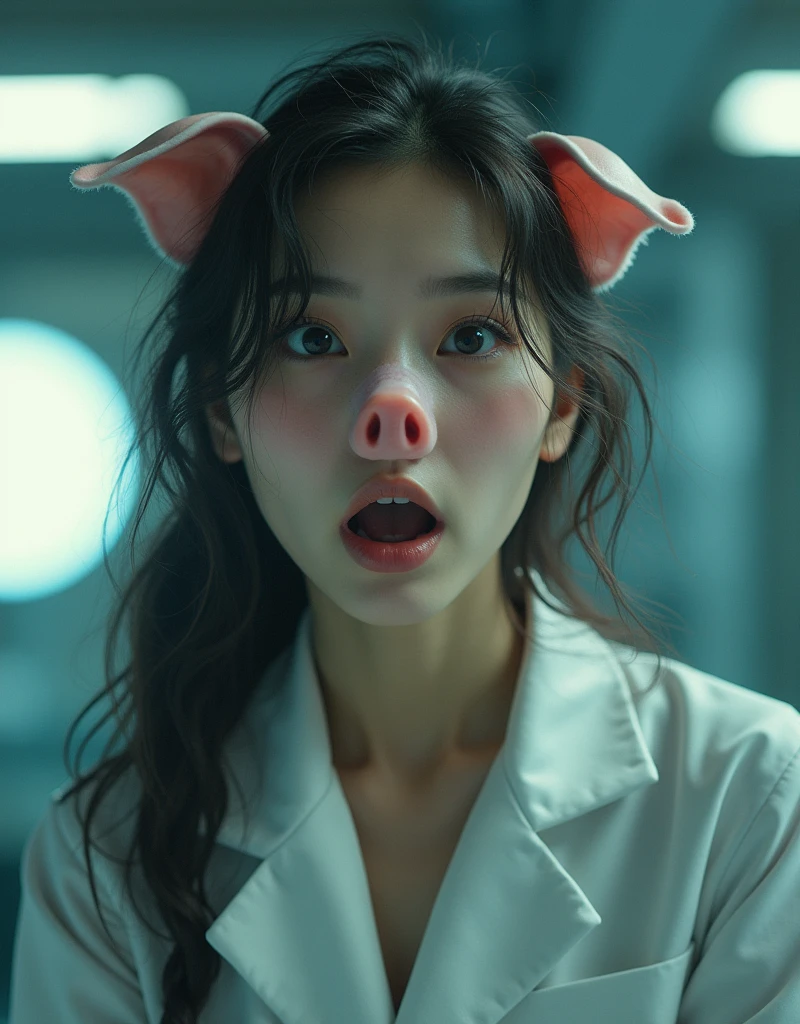 NFSW, photo-realistic, ultra-realistic, very beautiful Japanese, famous Japanese idol, 20 years old, dramatic scene, masterpiece, beautiful eyes, mad scientist, Her nose with mouth was genetically engineered into a pig's nose and mouth, (very large breasts:1.3), She is extremely surprised, acrobatic pose, dynamic angle, wearing dynamic outfits for mad scientist, head over heels, swoop