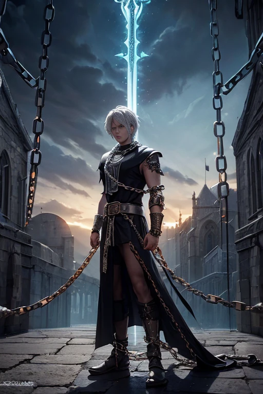 (chains:1.5), Chain world. A world made of chains. Chains are everywhere, sword bound in chains. chained sword, chained blades of chaos. Chains, blade l chained blade, created in a medieval city, in the Gothic style, giant chains,