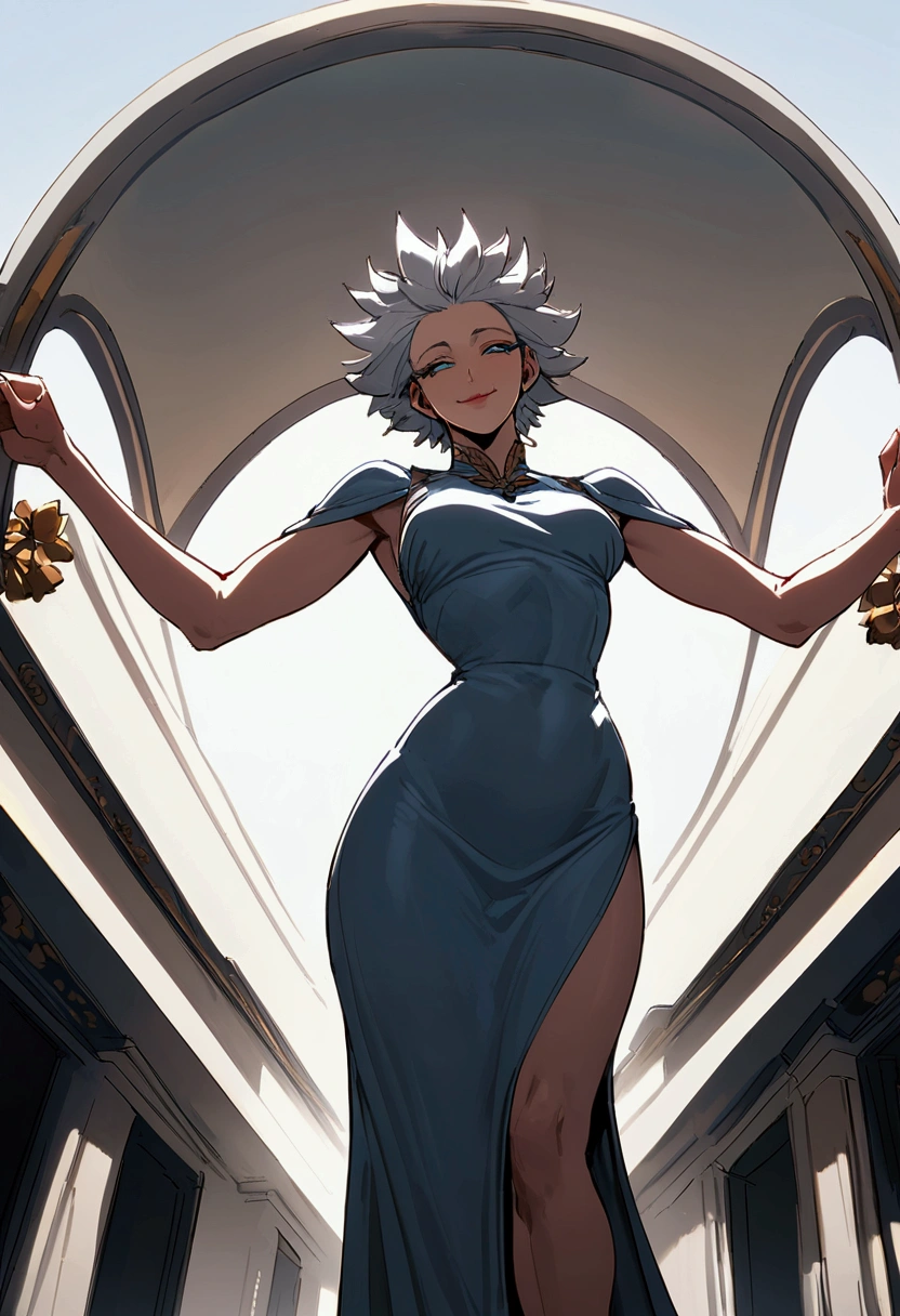 Tall woman, standing tall, fit body, grey blue dress with arms and sides of legs exposed, really short hair, silver hair, spiky hair, woman, sly smile, half-open eyes, chin up, looking down at POV, domina