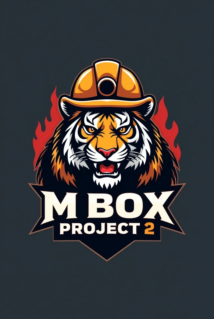 Create a campaign logo that has a slogan "M BOX PROJECT #2 " with a tiger wearing a mining helmet