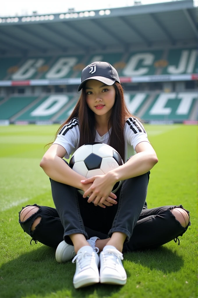 Displaying full HD high resolution photos, A beautyfull Korean girls is sitting in the middle of the stadium field., while sitting on the grass the girls is holding a ball with the JJ symbol, the girls is wearing a juventus jersey, black jeans have rips, adidas white sneakers, and wear a baseball cap with the JJ logo, looking at the camera with a relaxed face, seen the stadium stands with letters written on them "juventus", background of stadium and green grass field, realistic