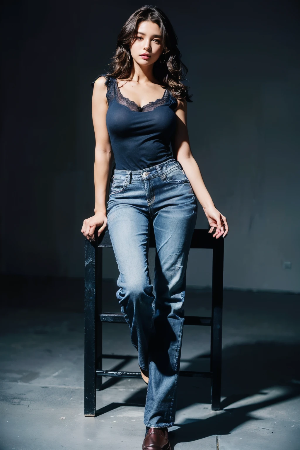 (RAW shooting:1.2, Photoreal:1.2, 8k, highest quality:1.2, masterpiece:1.2, ultra high resolution:1.2), (perfect dynamic composition:1.2, Highly detailed skin and facial textures:1.2,beautiful and aesthetic:1.2,full body:1.2, dark skin:1.2), (large breast:1.4),(perfect limbs:1.2), (perfect fingers:1.2),((latin american:1.2,1girl, tall:1.2,makeup:1.2,Slander:1.2),(sitting:1.2,chair:1.2,legs together:1.2),(wavy hair:1.2, long hair:1.2,brunette hair:1.2),earrings,(dark blue lace shirt:1.2,sleevesless:1.2),(dark blue jeans:1.2,long jeans,perfect thigh:1.2),loafers:1.2),(simple background:1),