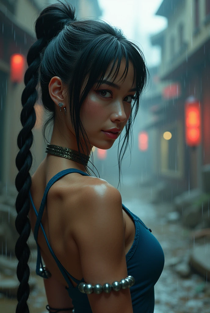 (back view, back view),Chun Li,(black hair two braided) , Brown eyes,
chinese clothing, spiked bracelet, earrings ,( chinese blue dress :1.4)
standing, Upper part of the body, smile, wad of bills, (pantimedias negra nylons ),
Chinatown, evening ,
(incredibly detailed, beautiful face detallado, beautiful detailed eyes, masterpiece, Best Quality),Alone, ,(Ruined alley Tokyo cyberpunk dungeon ruins background :1.4 ), (masterpiece: 1.4), (8k, realist, raw photo, La Best Quality: 1.4),(Chun Li:1.4), (Chu Li V2.1), (dynamic pose), (Alone),( alley background big stones Tokyo :1.4),( not mutations), (Face details: 1.5, (beautiful brown eyes:1.4) , beautiful face, pretty eyes, iris coating, thin lips: 1.5, delgado, pale and sharp eyebrows, long, dark eyelashes, double eyelashes), (bright colors), cayendo lluvia nublado evening, (detailed face:1.4), (fingers detailed),( Kinematic V2.1), ,( cyberpunk 2.1)