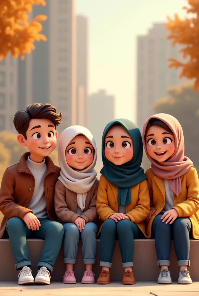 ((3 hijabless man wear jacket sitting), (2 hijabbed woman sitting), (1 hijabless age girl sitting)), casual fashion, happy expression, white skin people, crowdless background, just concentrate, extreme detail, masterpiece, 4k, cute caricaturized character, proportional, cinematic lighting