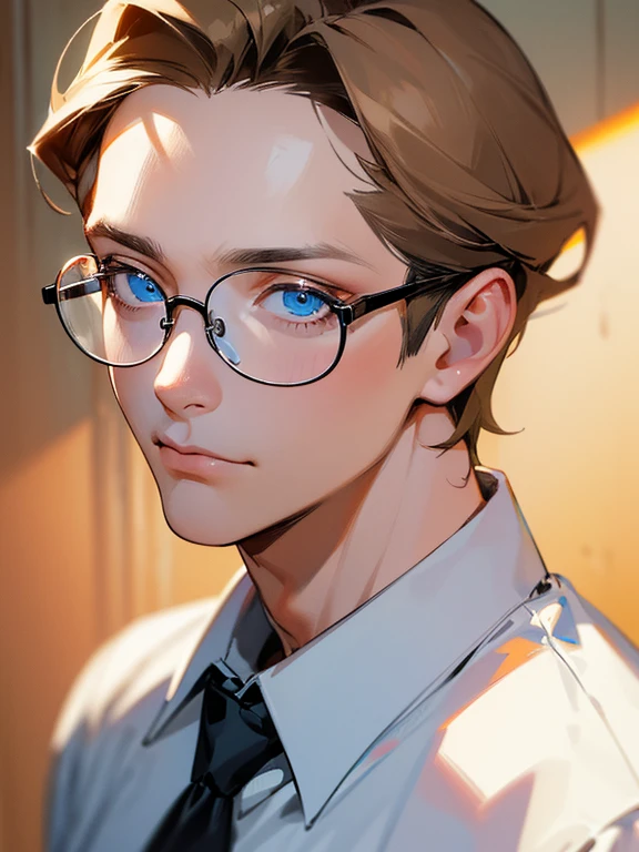 masterpiece, best quality, 1male, 31 years, brunette hair, blue eyes, glasses, white shirt, mugshot, wall background, detailed eyes, detailed facial features, realistic and high resolution (best quality, 4k, 8k, highres, masterpiece:1.2)