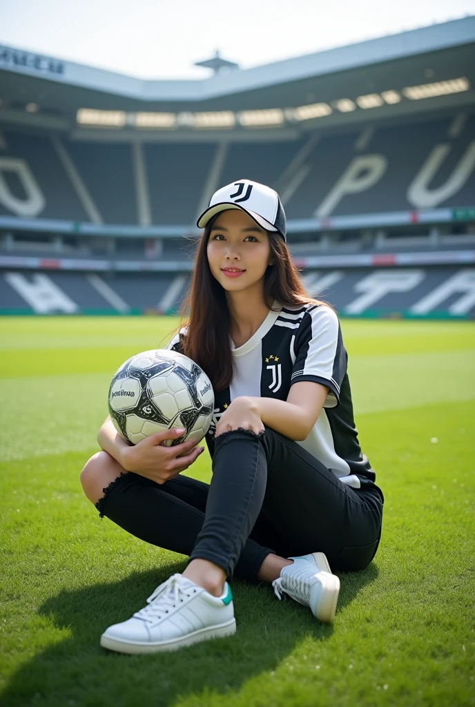 Displaying full HD high resolution photos, A beautyfull Korean girls is sitting in the middle of the stadium field., while sitting on the grass the girls is holding a ball with the JJ symbol, the girls is wearing a juventus jersey, black jeans have rips, adidas white sneakers, and wear a baseball cap with the JJ logo, looking at the camera with a relaxed face, seen the stadium stands with letters written on them "juventus", background of stadium and green grass field, realistic