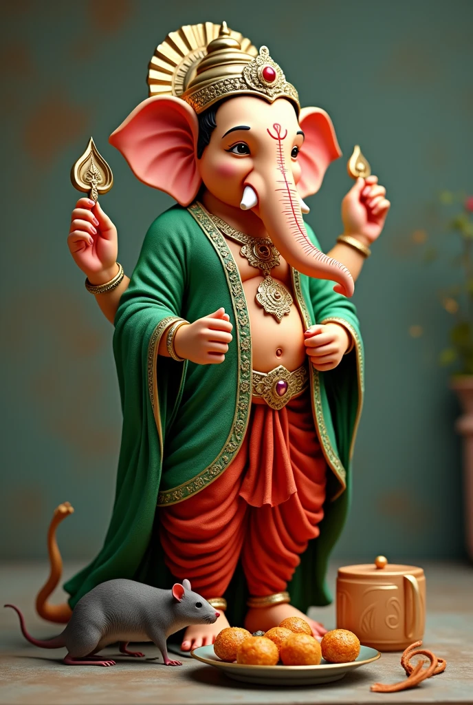 Lord Ganesh with green and red dress,near small Rat, leg near many laddu 's on the plate, blower 