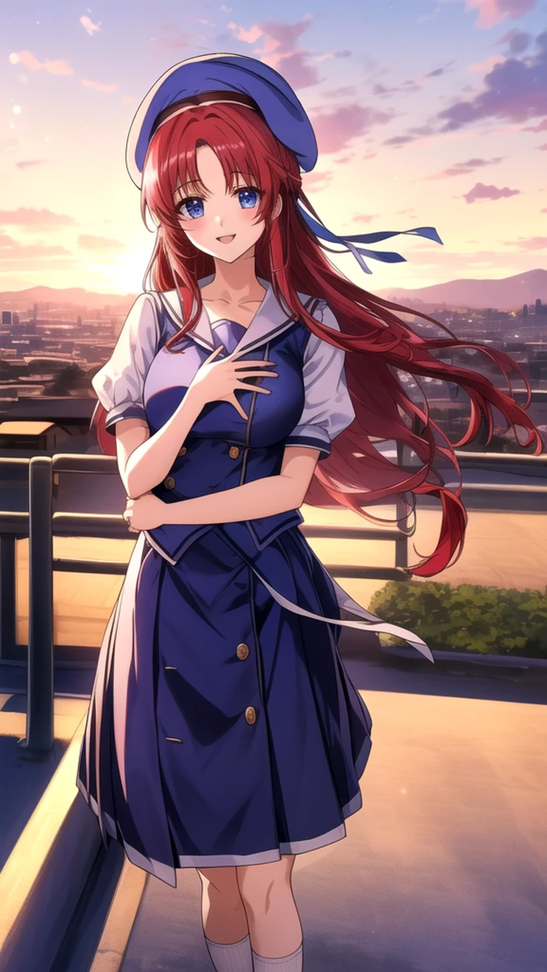 kotorishirakawa, ((masterpiece, best quality, highres, distinct_image)), 
extremely beautiful and delicate, extremely detailed, intricate detail, 1girl, solo, short stack, huge breasts, red hair, long hair, straight hair, Blue eyes, BREAK skirt, hat, school uniform, short sleeves, socks, puffy sleeves, puffy short sleeves, beret, Cute Smile Open your mouth, Are standing, (Winter Night、With the sunset and the fence behind、Receiving a confession on the school rooftop。I got closest to that smile:1.1), (Place your hands on your chest:1.3), Two Arms, (cinematic angle:1.1),