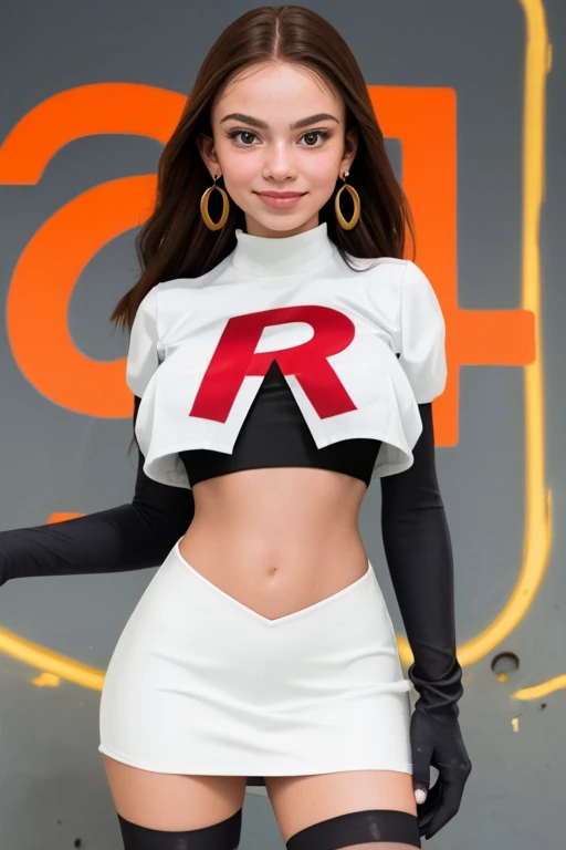 The face of Olivia Rodrigo, 1girl, solo, team rocket,team rocket uniform,white skirt,red letter R,crop top,black thigh-highs,black elbow gloves, earrings, large breasts,