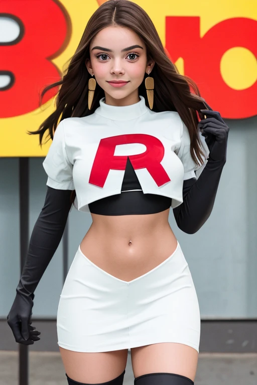 The face of Olivia Rodrigo, 1girl, solo, team rocket,team rocket uniform,white skirt,red letter R,crop top,black thigh-highs,black elbow gloves, earrings, large breasts,