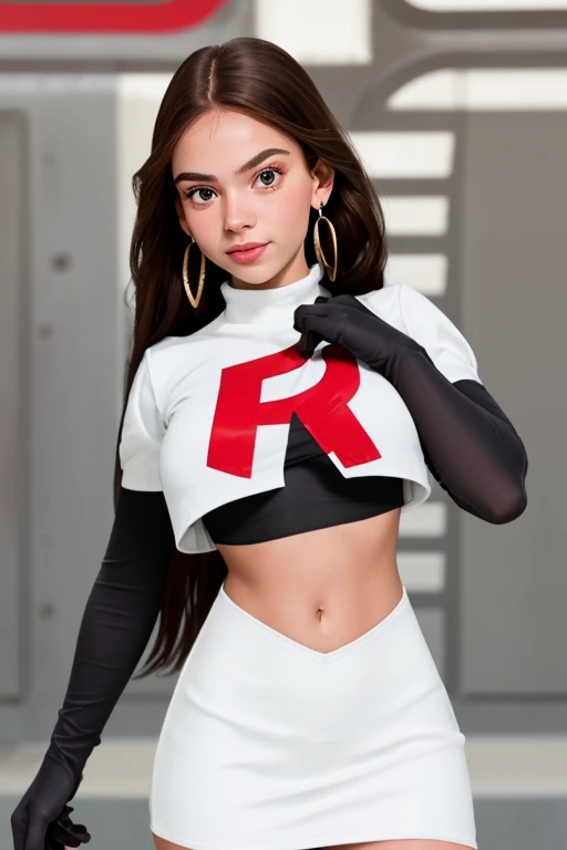 The face of Olivia Rodrigo, 1girl, solo, team rocket,team rocket uniform,white skirt,red letter R,crop top,black thigh-highs,black elbow gloves, earrings, large breasts,