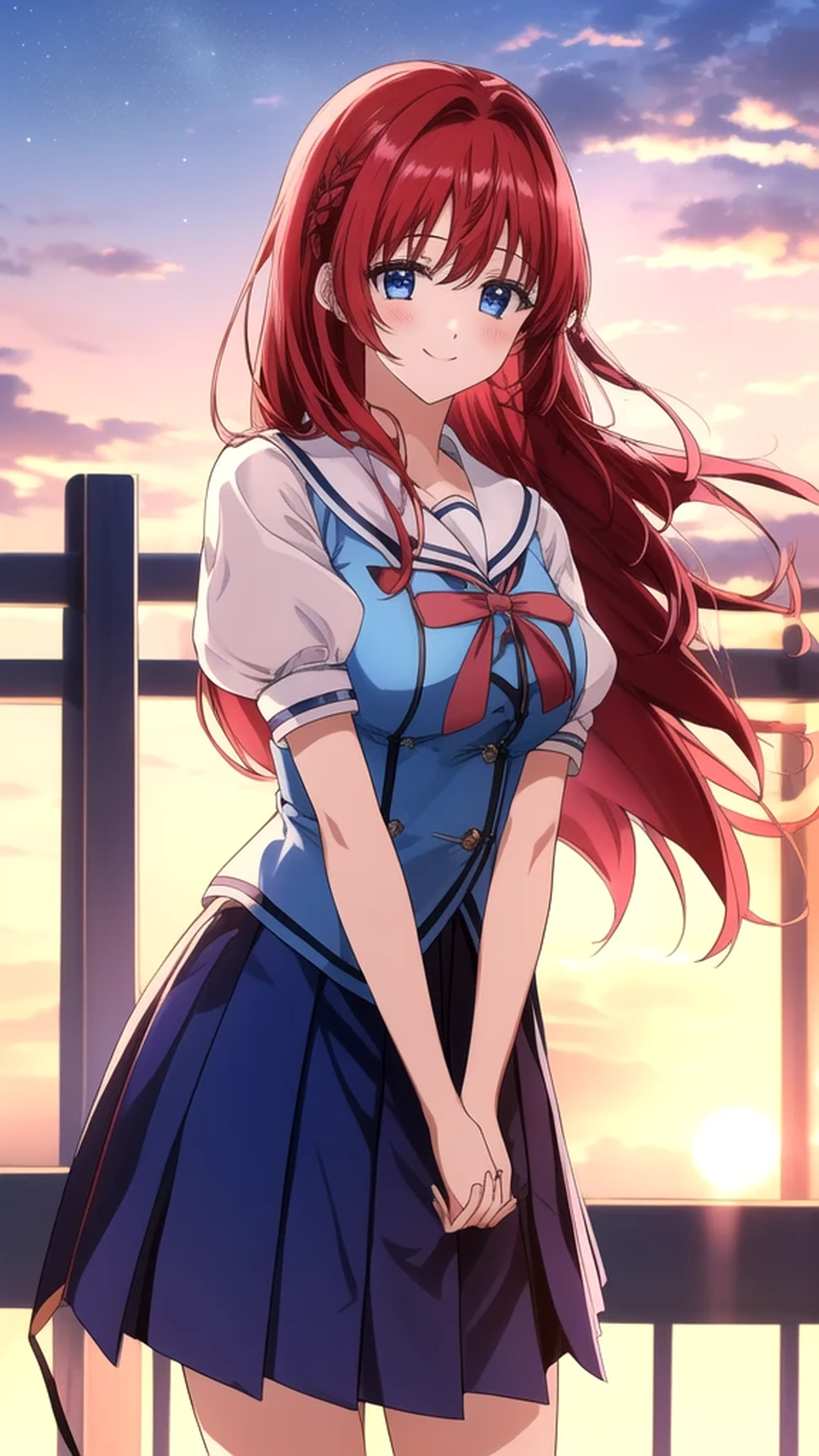 kotorishirakawa, ((masterpiece, best quality, highres, distinct_image)), 
extremely beautiful and delicate, extremely detailed, intricate detail, 1girl, solo, short stack, huge breasts, red hair, long hair, straight hair, Blue eyes, BREAK skirt, school uniform, short sleeves, socks, puffy sleeves, puffy short sleeves, Cute Smile Open your mouth, Are standing, (Winter Night、With the sunset and the fence behind、Receiving a confession on the school rooftop。I got closest to that smile:1.1), (Place your hands on your chest:1.3), Two Arms, (cinematic angle:1.1),