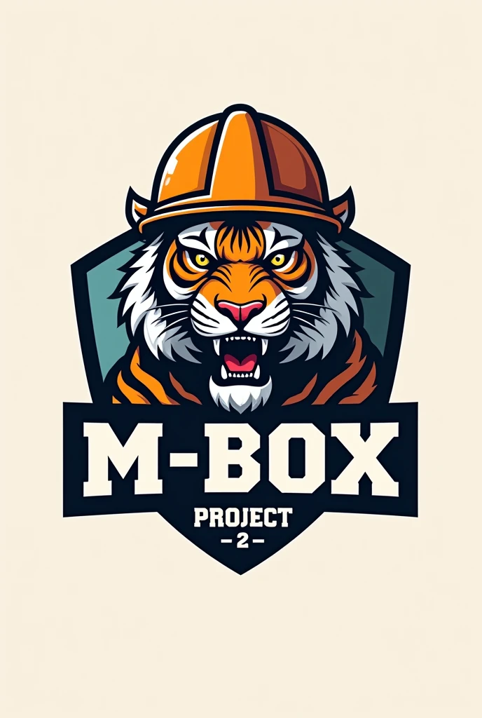 Create a campaign logo that has a slogan "M BOX PROJECT #2 " with a tiger wearing a mining helmet
