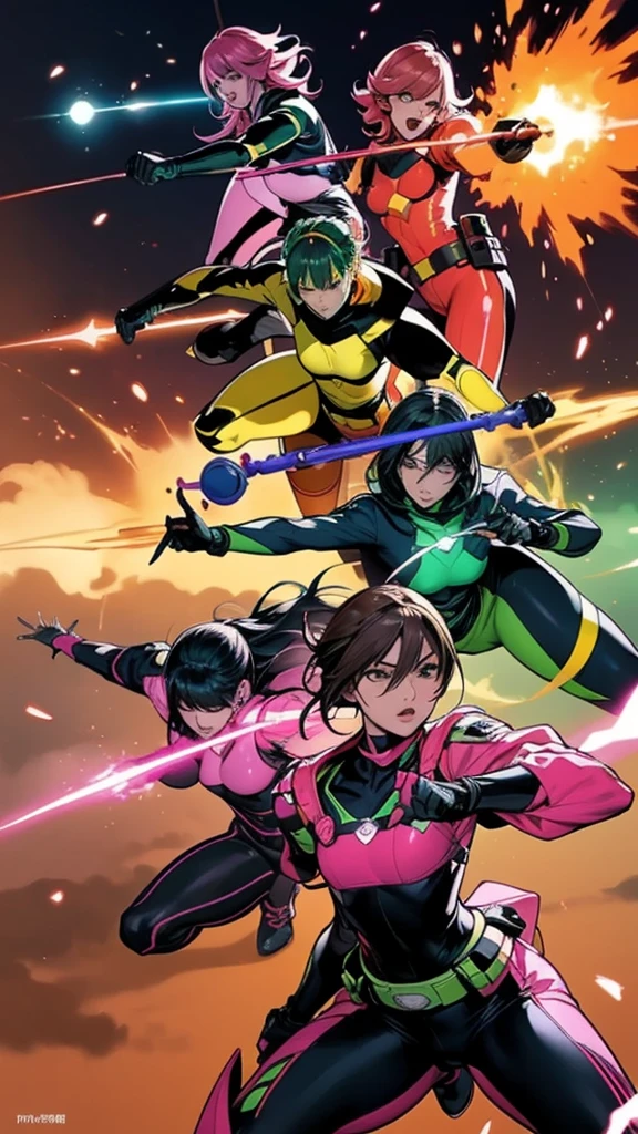 The heroic image of the six-man Ranger team, Each room is decorated in the following bright colours::: Neon Pink, Sunset Orange, Fire truck red, Plasma Purple, Fluorescent Green, Shocking Yellow. Dynamic poses and backgrounds full of energy and courage.。, embodies the essence of the战队 superhero team. Each Ranger'Clothing is stylish and modern, each color has elements that reflect its theme., Prepare for action. ((Camel toe))