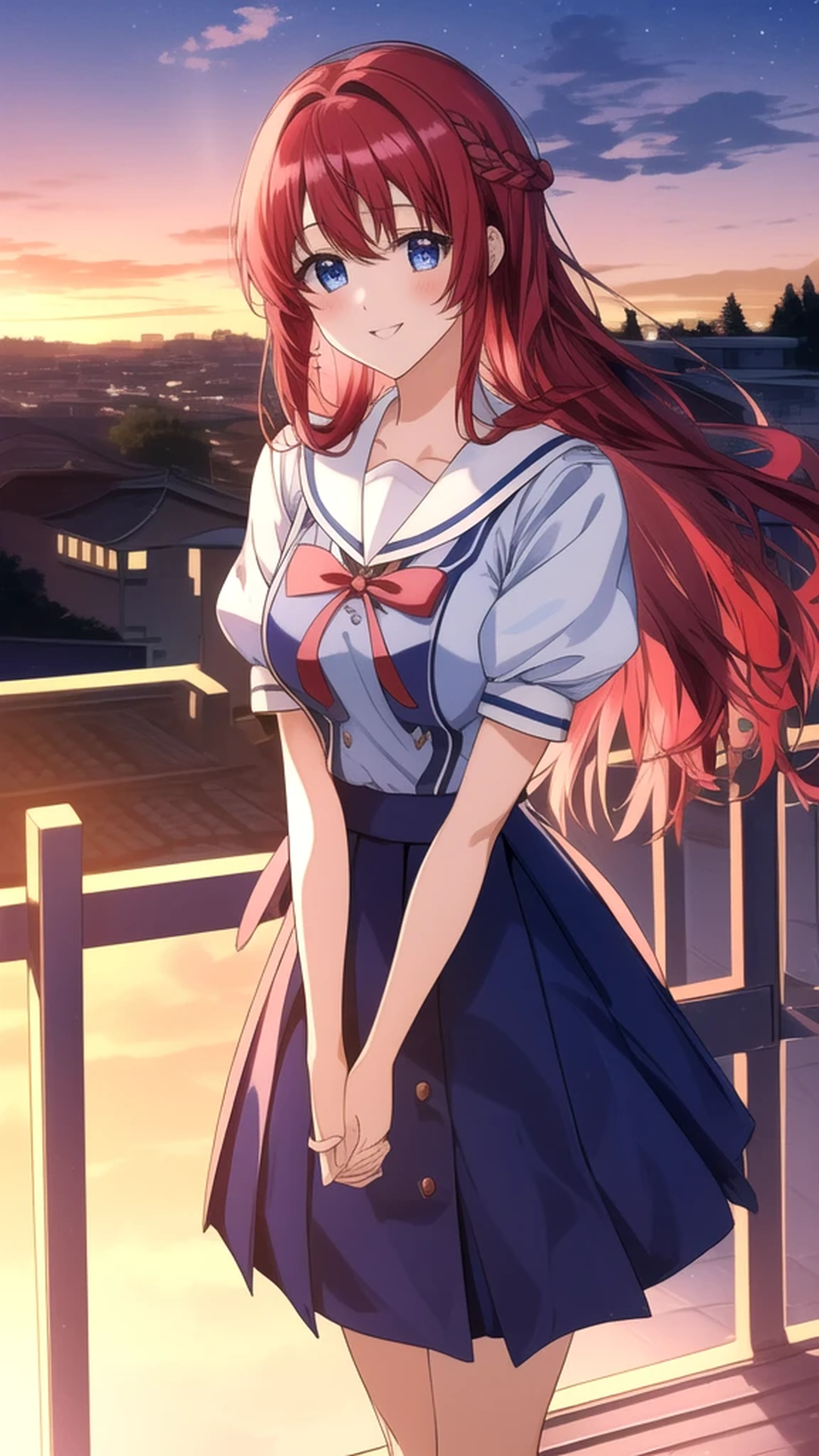 kotorishirakawa, ((masterpiece, best quality, highres, distinct_image)), 
extremely beautiful and delicate, extremely detailed, intricate detail, 1girl, solo, short stack, huge breasts, red hair, long hair, straight hair, Blue eyes, BREAK skirt, school uniform, short sleeves, socks, puffy sleeves, puffy short sleeves, Cute Smile Open your mouth, Are standing, (Winter Night、With the sunset and the fence behind、Receiving a confession on the school rooftop。I got closest to that smile:1.1), (Place your hands on your chest:1.3), Two Arms, (cinematic angle:1.1),